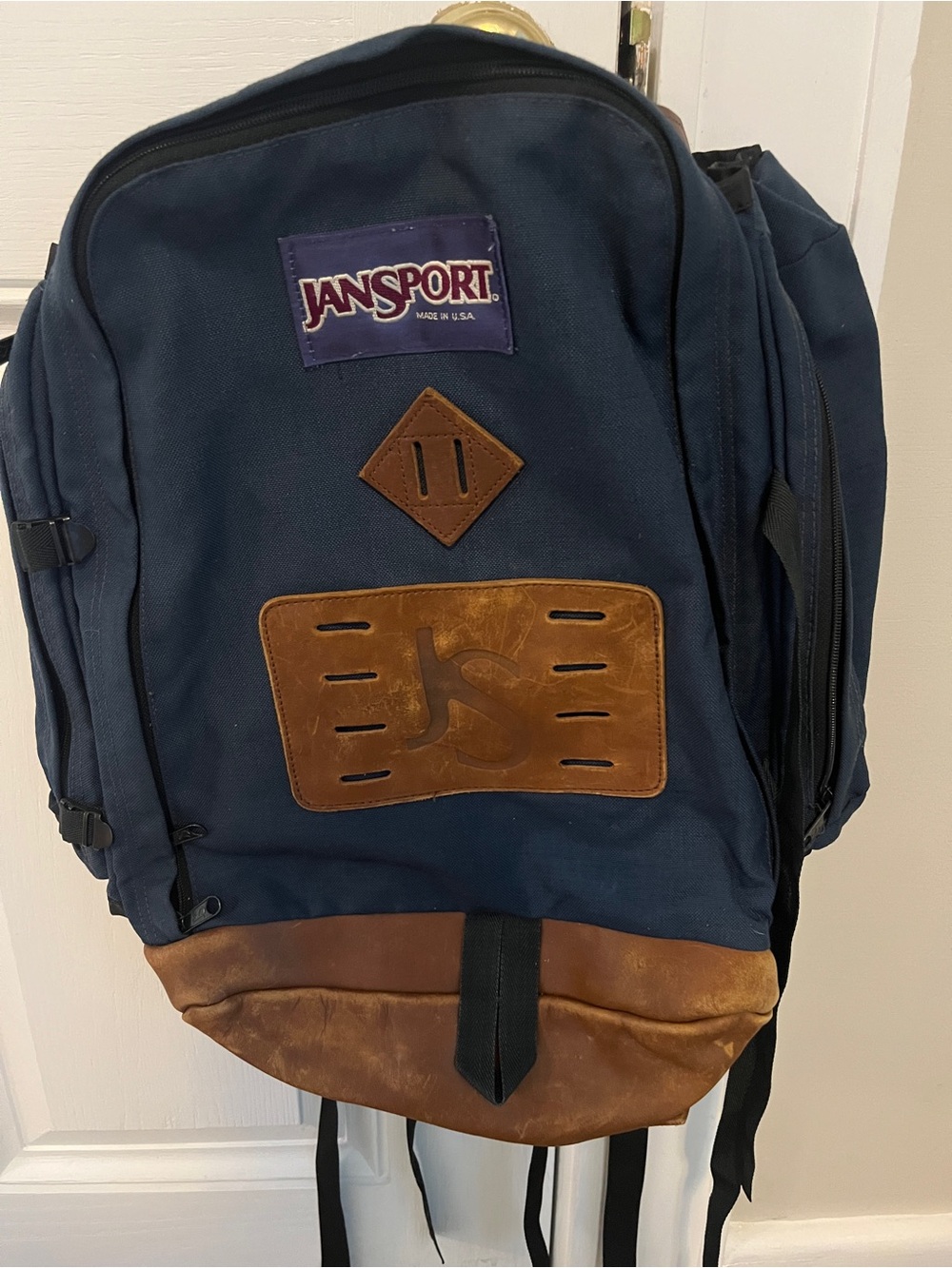 Vintage JanSport Leather Bottom Backpack Blue Made in USA Daypack Hiking Canvas